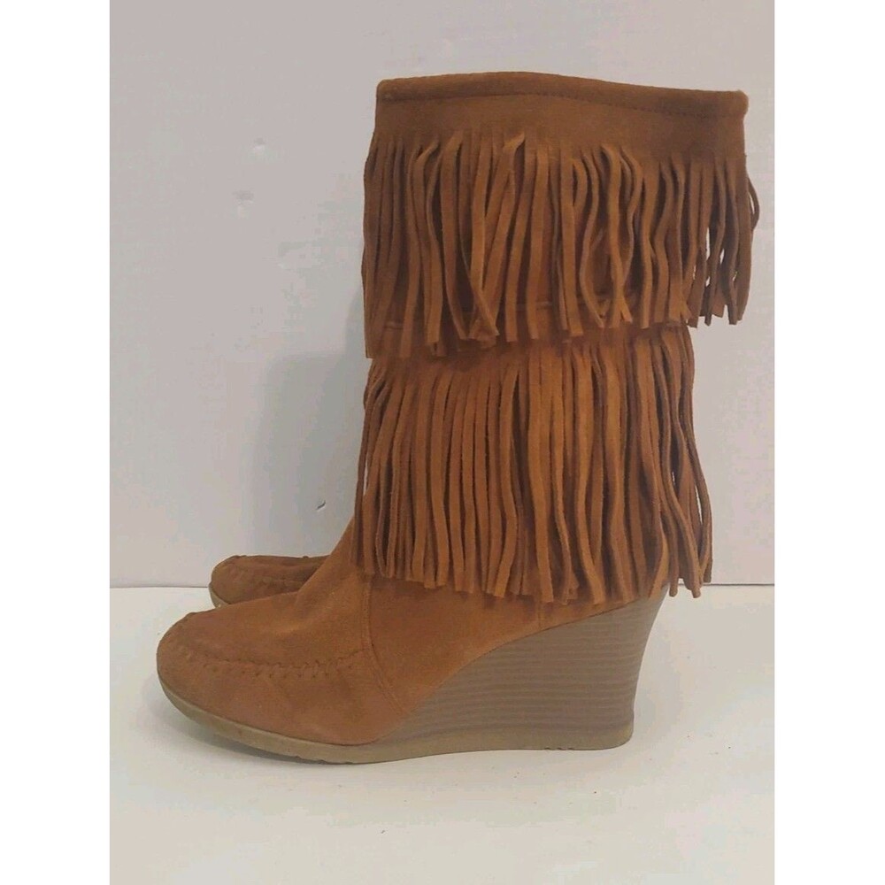 Fringe Wedge Boots - Chestnut Suede